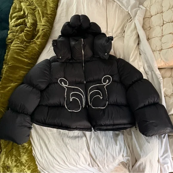 Black Puffer Jacket with Embellishments - Picture 3 of 3